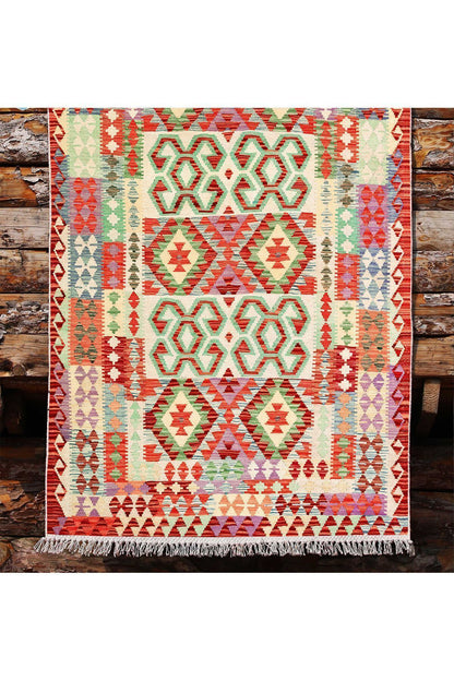 Cotton Kilim 57 Turuncu Geleneksel Motifler Modern Dekoratif Saçaklı Yıkanabilen Dokuma Kilim