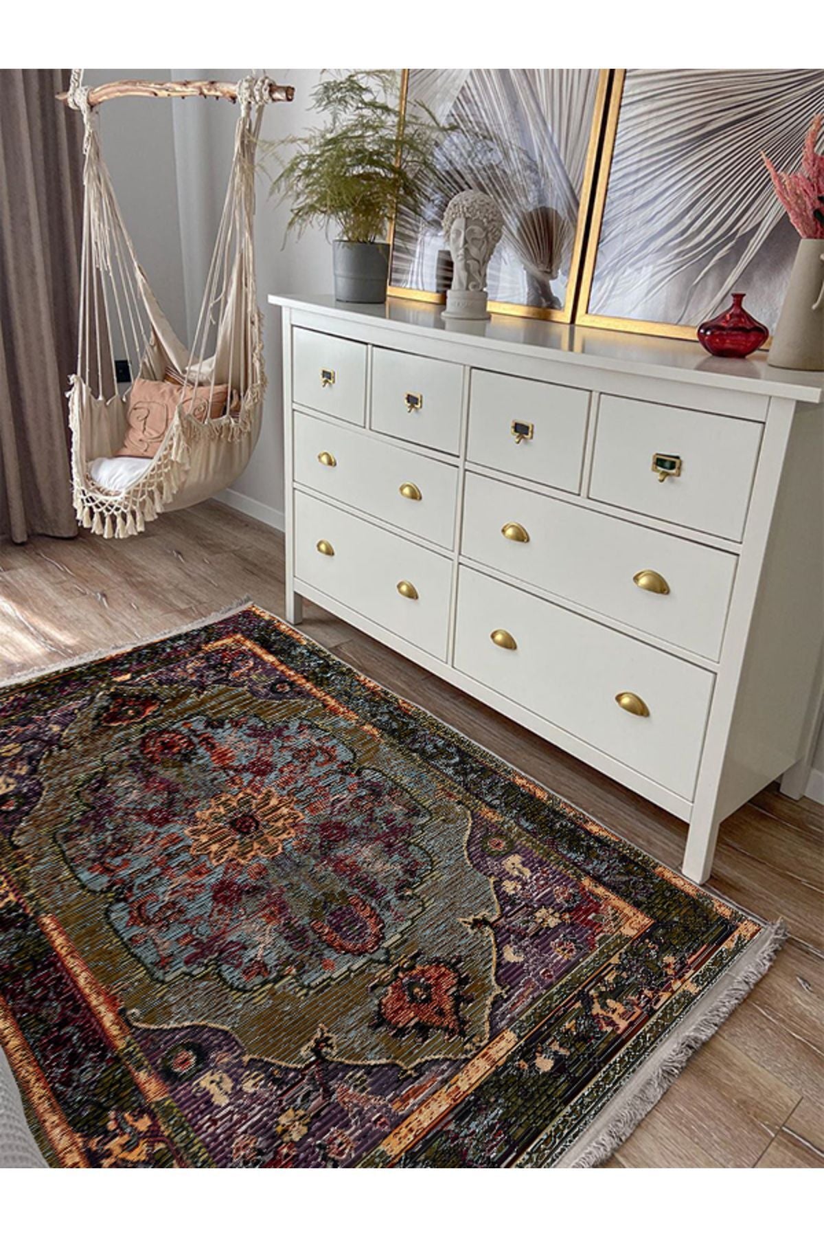 HV  69 Siyah Ve Koyu Yeşil Tonlarında Dekoratif Salon Halısı Klasik Halı Saçaklı Yıkanabilen Halı