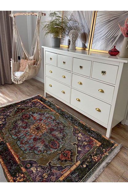 HV  69 Siyah Ve Koyu Yeşil Tonlarında Dekoratif Salon Halısı Klasik Halı Saçaklı Yıkanabilen Halı