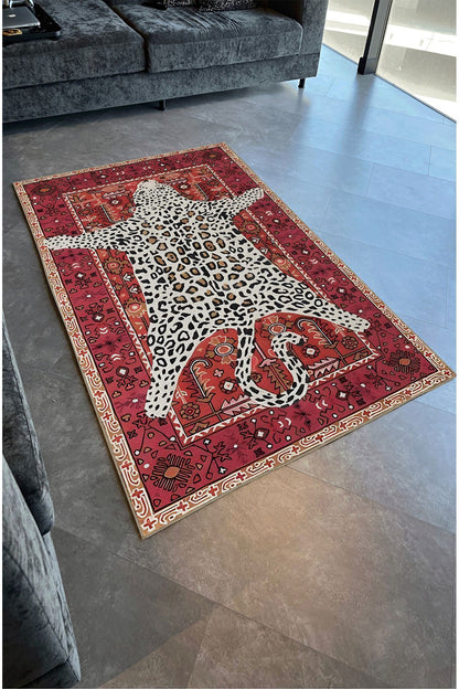 Halı Vagonu 70 Borda Tonlarında Kaplan Figürlü Salon Halısı Saçaklı Yıkanabilen Dekoratif Halı