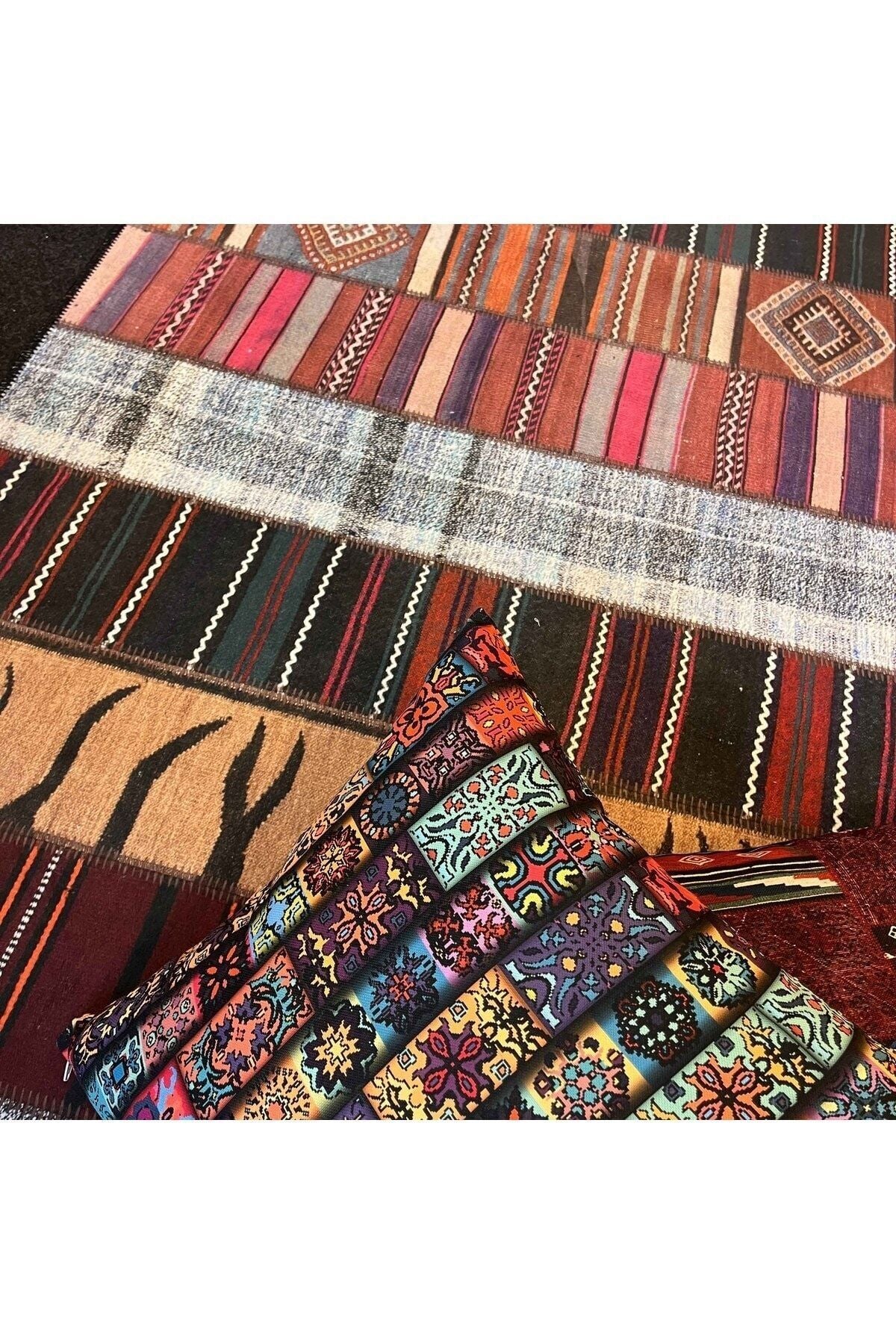 Yumuşak Dokulu Bambu Soft Kilim Patchwork Saçaklı Dijital Baskı HV-SK-K2