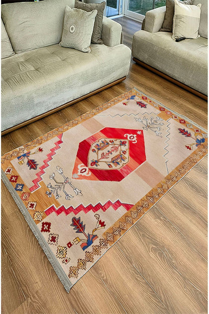 Halı Vagonu113 Etnik Clasik Halısı Dekoratif Salon Halısı Saçaklı Yıkanabilen Halı