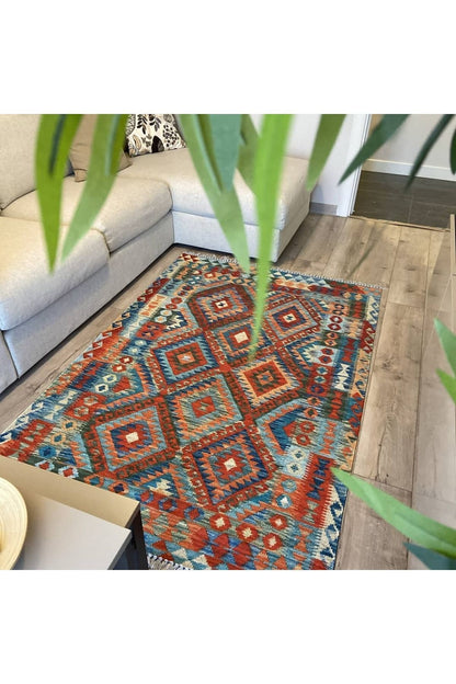 Cotton Serisi Açık Mavi Tonunda Baklavalı Geometrik Desen Dekoratif Dokuma Taban Kilim