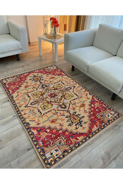 Halı Vagonu 2186 Etnik Desenli Yıkanabilir Kaymaz Tabanlı Salon Halısı, Koridor Ve Mutfak Halısı