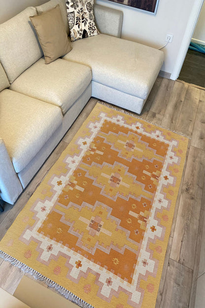 Cotton Kilim59 Jut Geleneksel Motifler Modern Dekoratif Saçaklı Yıkanabilen Dokuma Kilim