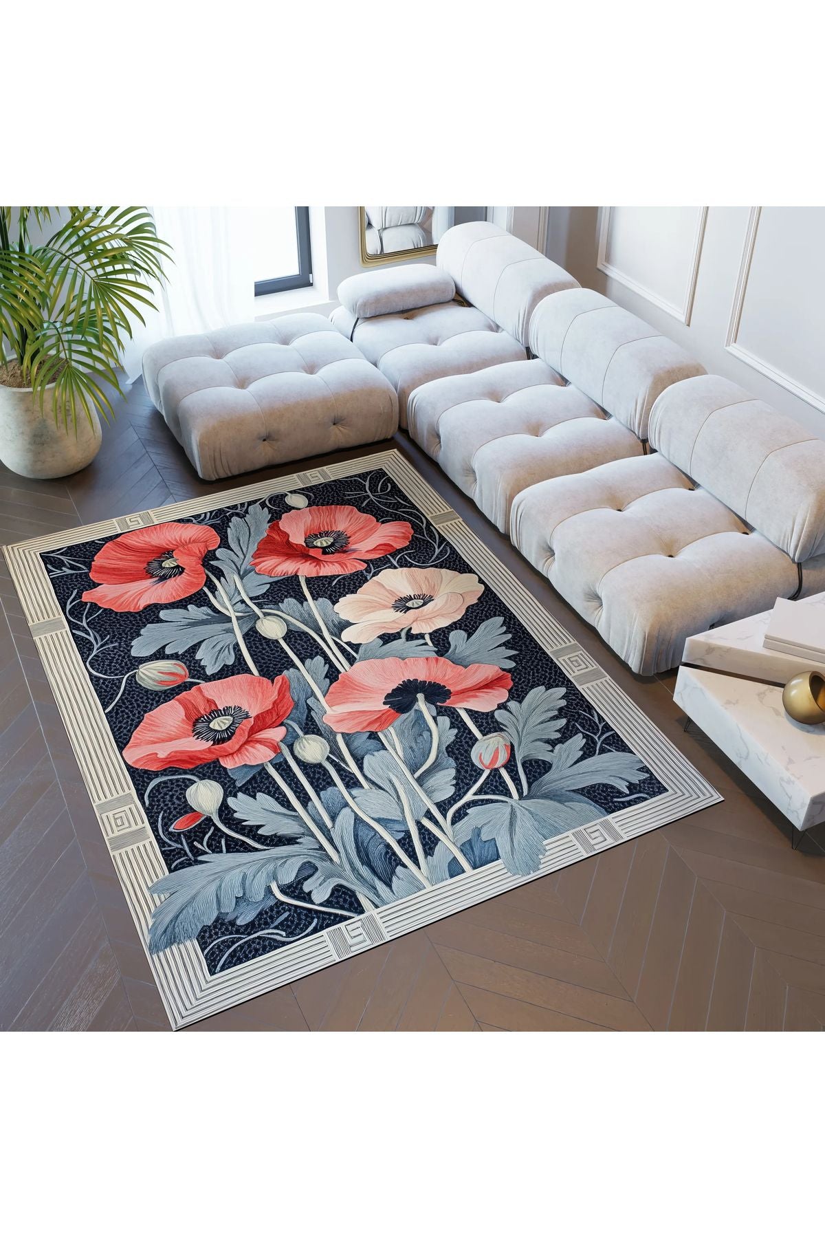 Halı Vagonu 205 Gelincik Kırmızı Mavi Modern Kaymaz ve Dokuma Taban Dekoratif Halı