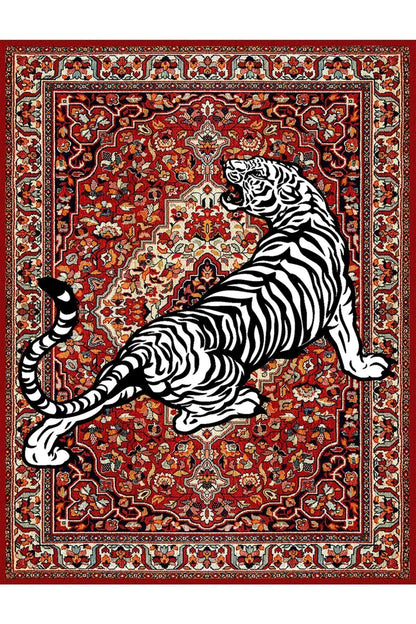 Halı Vagonu Serisi Kırmızı Tonlarında Kaplanlı Etnik Desen Kaymaz Taban Şönil Halı