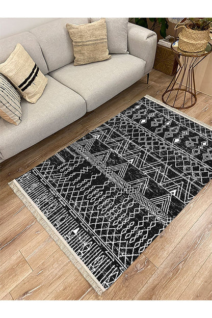 Cotton Serisi Siyah Beyaz Iskandinav Otantik Desen Dekoratif Dokuma Taban Kilim