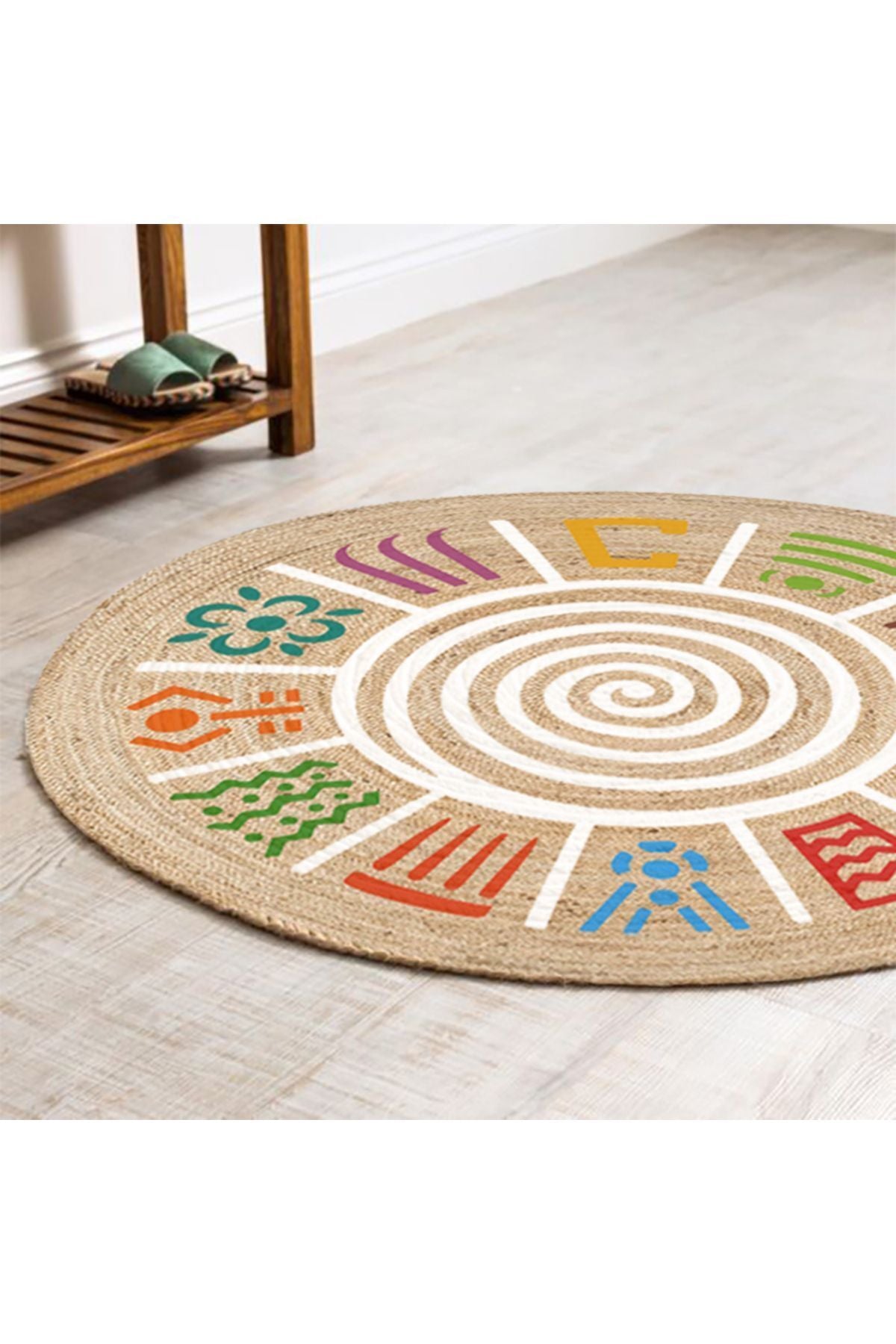 Boho 954 Multy Soyut Desenli Jüt Rengi Örgü Yuvarlak Natural Çift Taraflı Halı