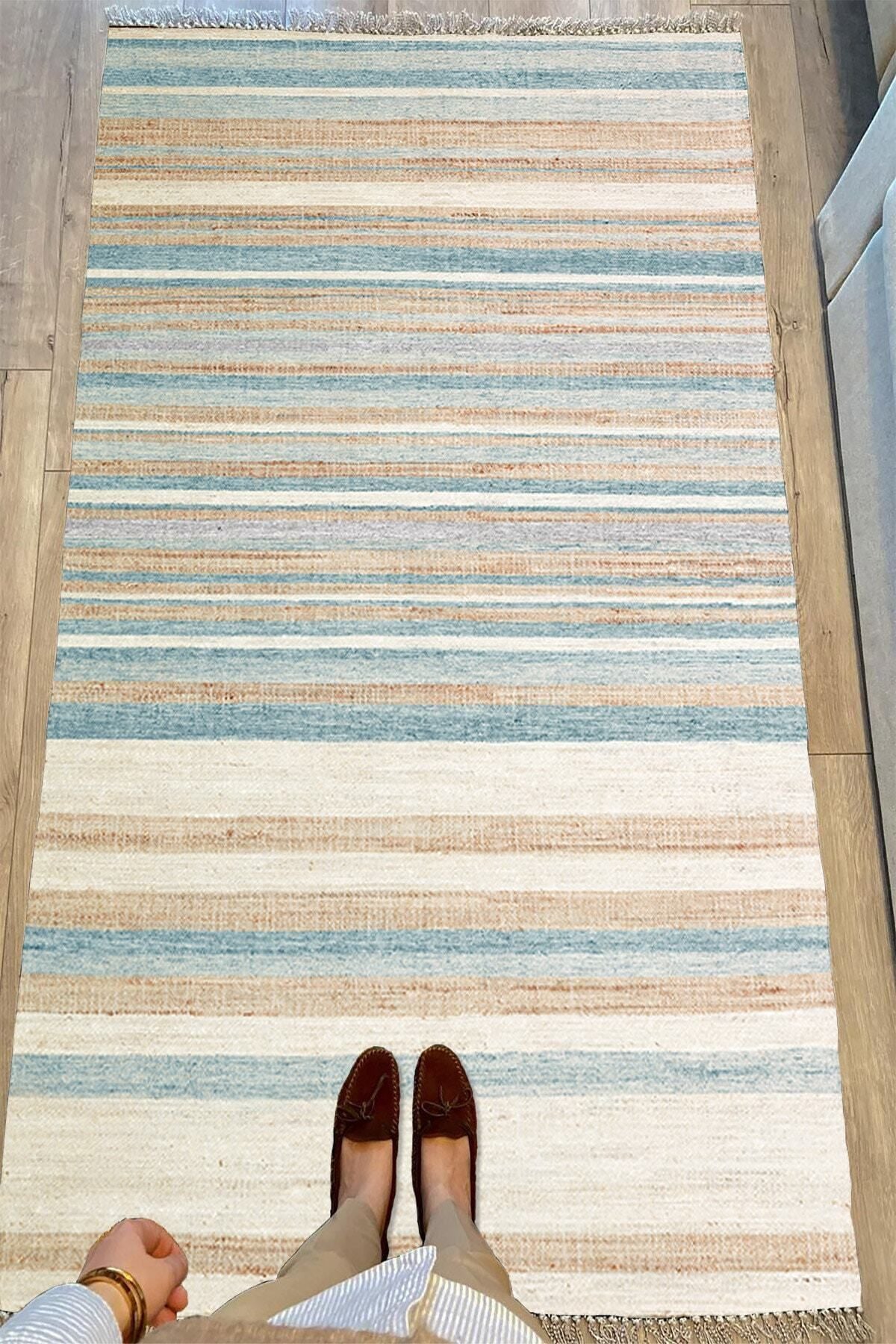 Cotton Serisi Multy Tonlarında Düz Çıtır Çizgili Eskitme Desen Dekoratif Dokuma Taban Kilim