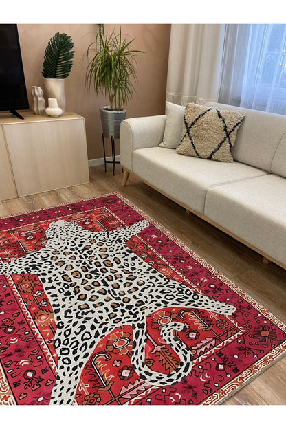 Halı Vagonu 70 Borda Tonlarında Kaplan Figürlü Salon Halısı Saçaklı Yıkanabilen Dekoratif Halı