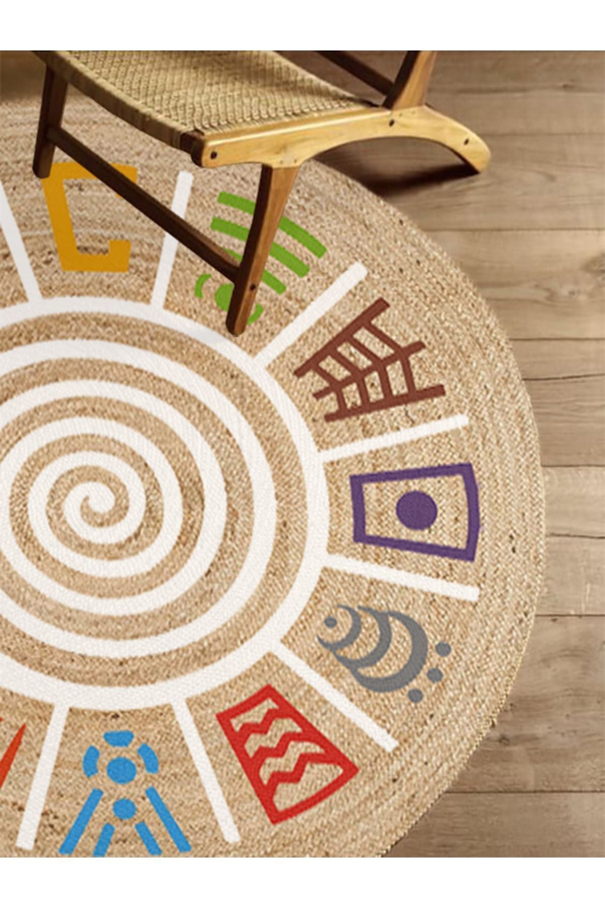 Boho 954 Multy Soyut Desenli Jüt Rengi Örgü Yuvarlak Natural Çift Taraflı Halı