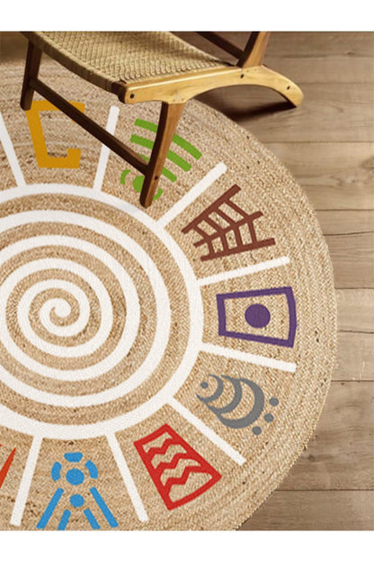 Boho 954 Multy Soyut Desenli Jüt Rengi Örgü Yuvarlak Natural Çift Taraflı Halı