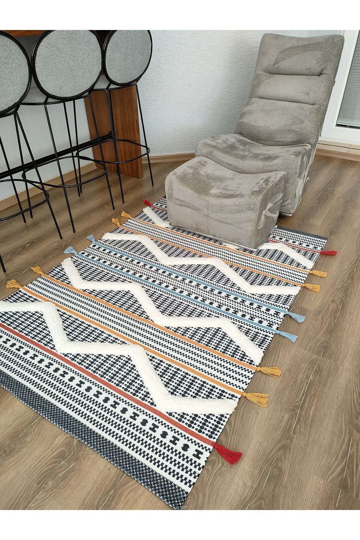 Tafting Kilim Serisi Üzeri Peluşlu Dokuma Taban Dekoratif Kilim