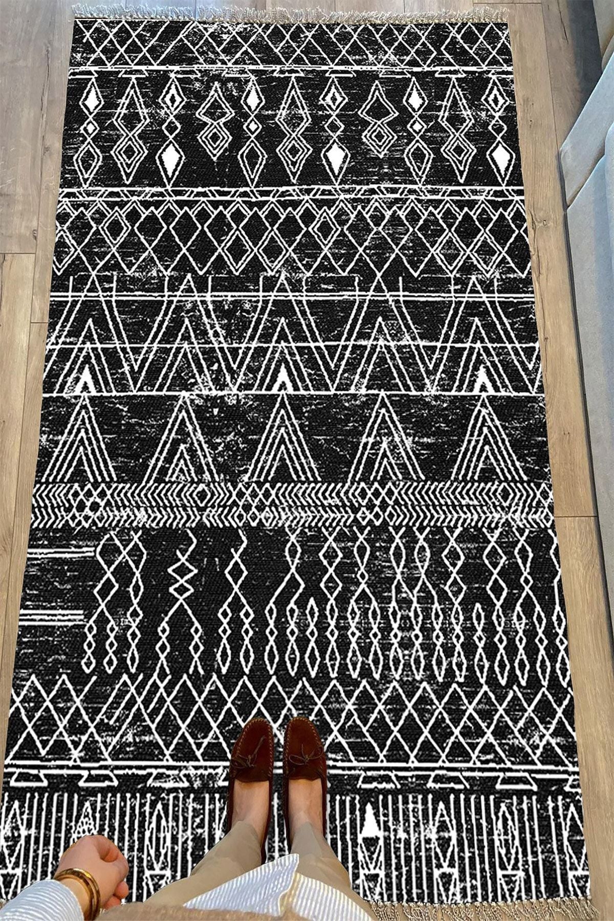 Cotton Serisi Siyah Beyaz Iskandinav Otantik Desen Dekoratif Dokuma Taban Kilim