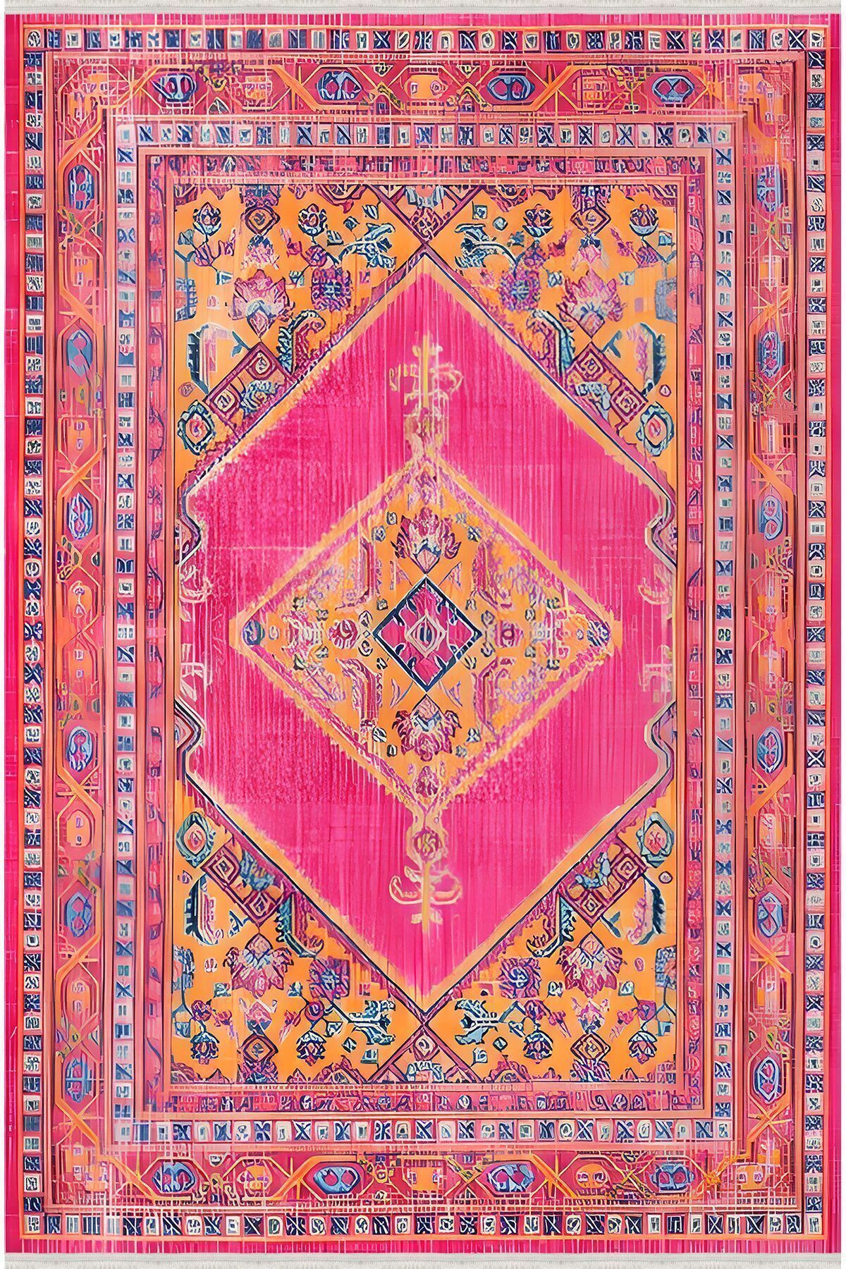 Halı Vagonu 75 Fuşya Tonlarında Klasik Dekoratif Halı Saçaklı Yıkanabilen Halı