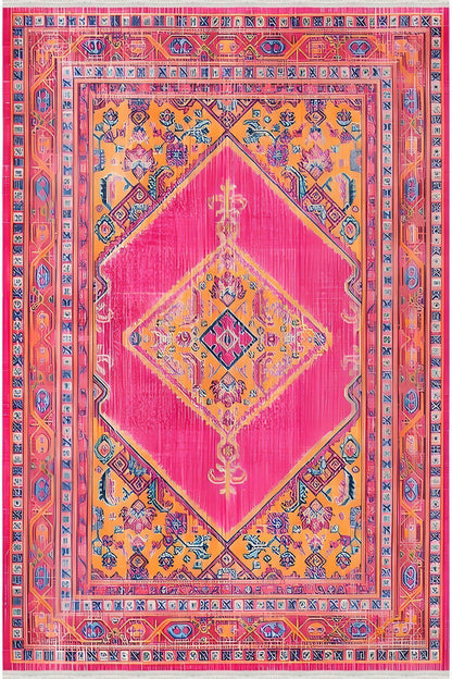 Halı Vagonu 75 Fuşya Tonlarında Klasik Dekoratif Halı Saçaklı Yıkanabilen Halı