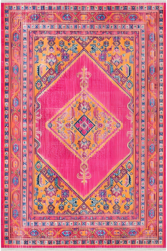 Halı Vagonu 75 Fuşya Tonlarında Klasik Dekoratif Halı Saçaklı Yıkanabilen Halı