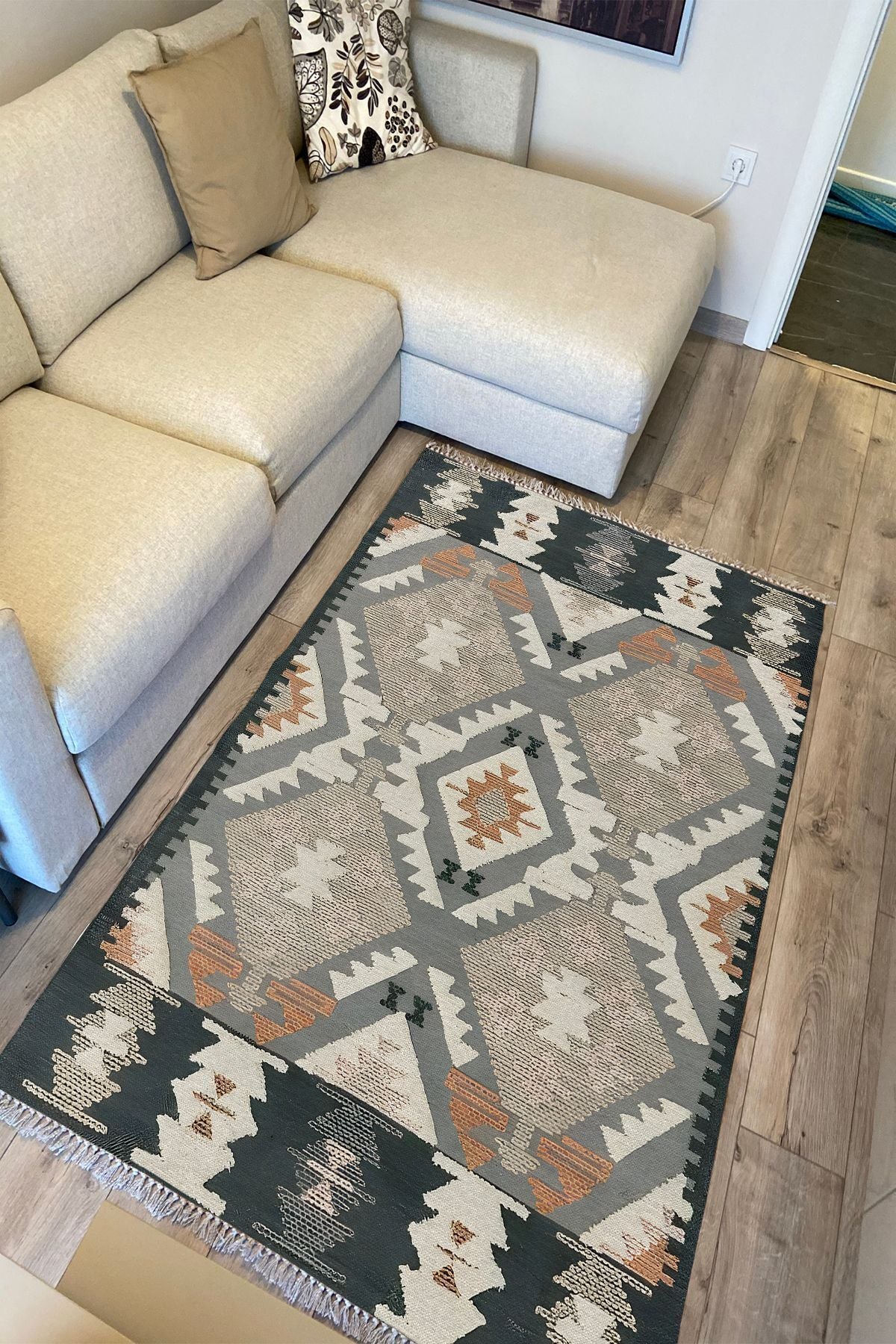 Cotton Kilim 16 Gri Zeminli Çizgili Desenli Dekoratif Yıkanabilen Dokuma Taban Kilim