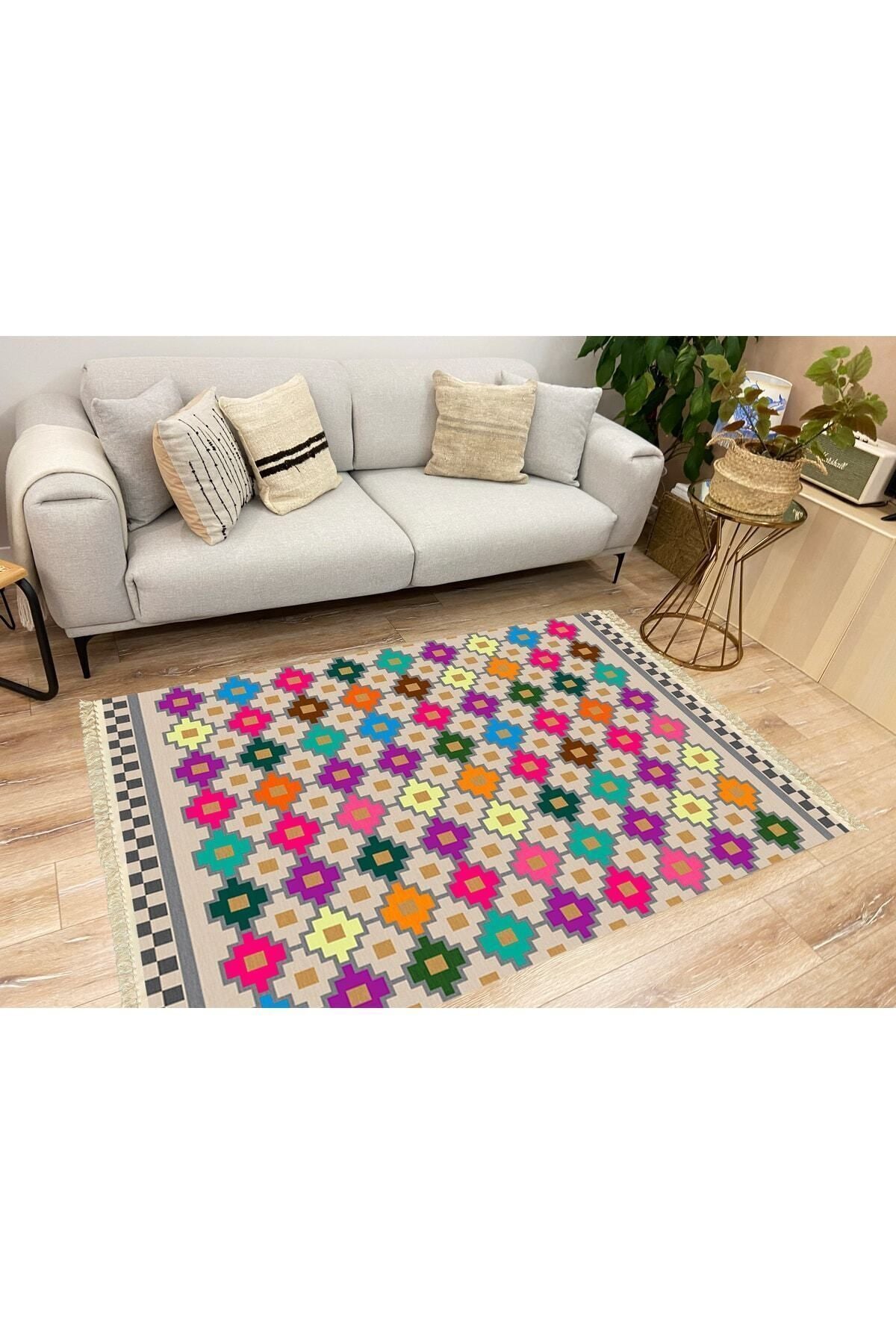 Cotton Serisi Multy Tonlarında Geometrik Baklava Desen Dekoratif Dokuma Taban Kilim