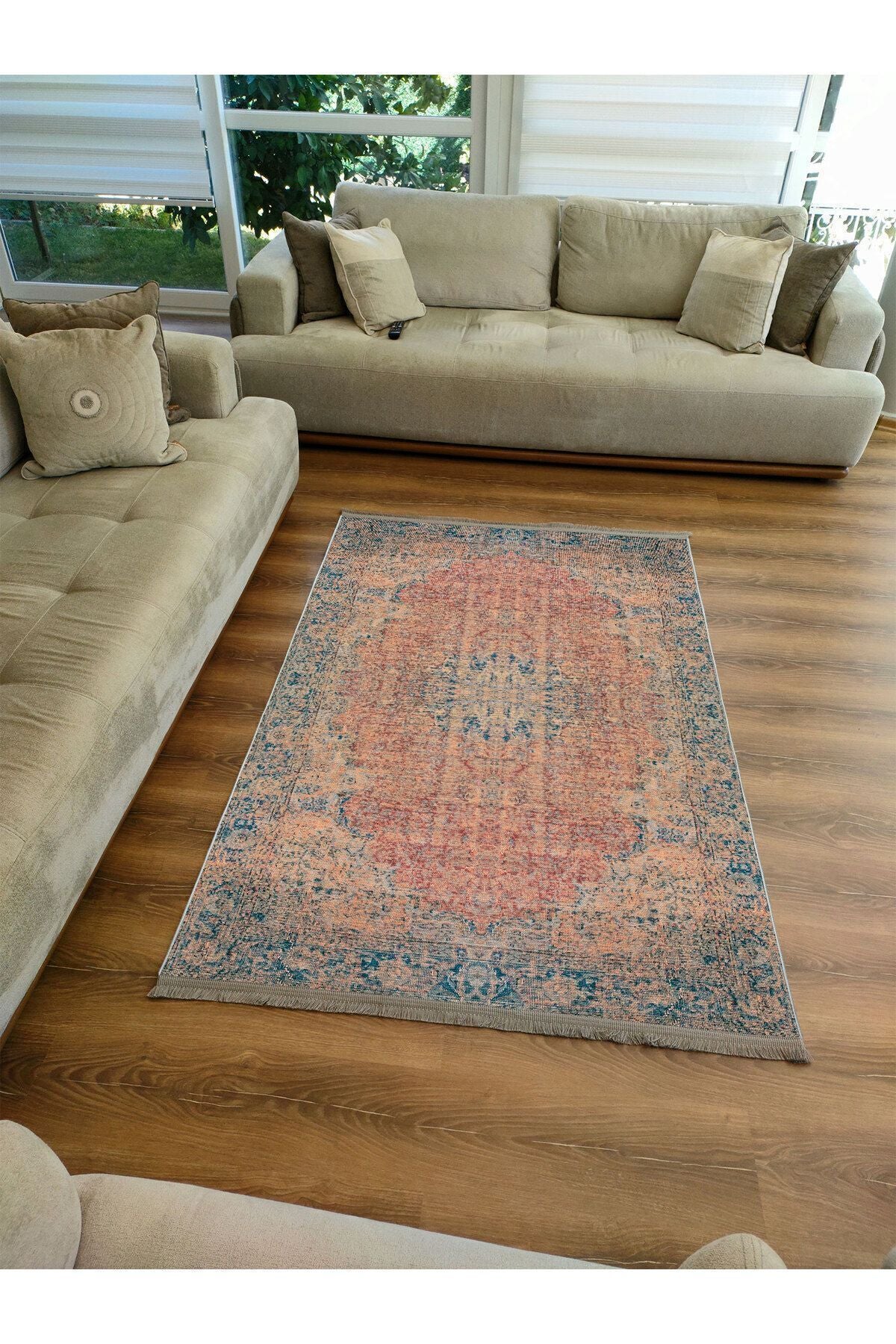 Halı Vagonu Serisi Mavi Ve Kahve Tonlarında Eskitme Otantik Desen Kaymaz Taban Şönil Halı