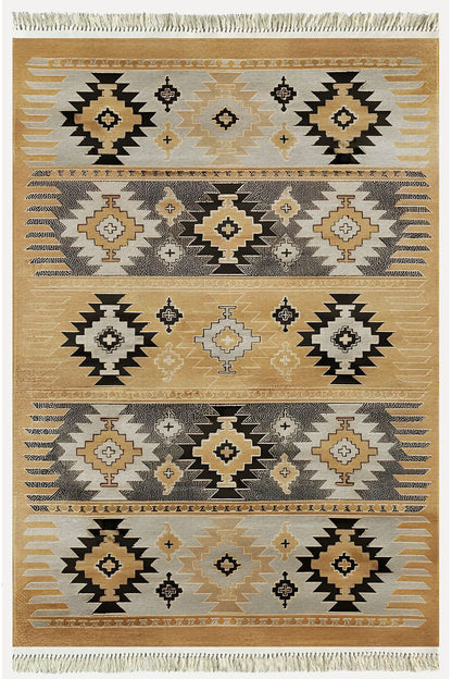 Cotton Kilim 4 Hardal Tonunda Geometrik Desenli Dekoratif Yıkanabilen Dokuma Taban Kilim