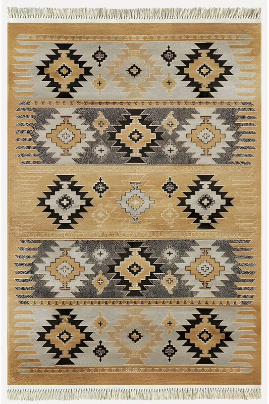 Cotton Kilim 4 Hardal Tonunda Geometrik Desenli Dekoratif Yıkanabilen Dokuma Taban Kilim