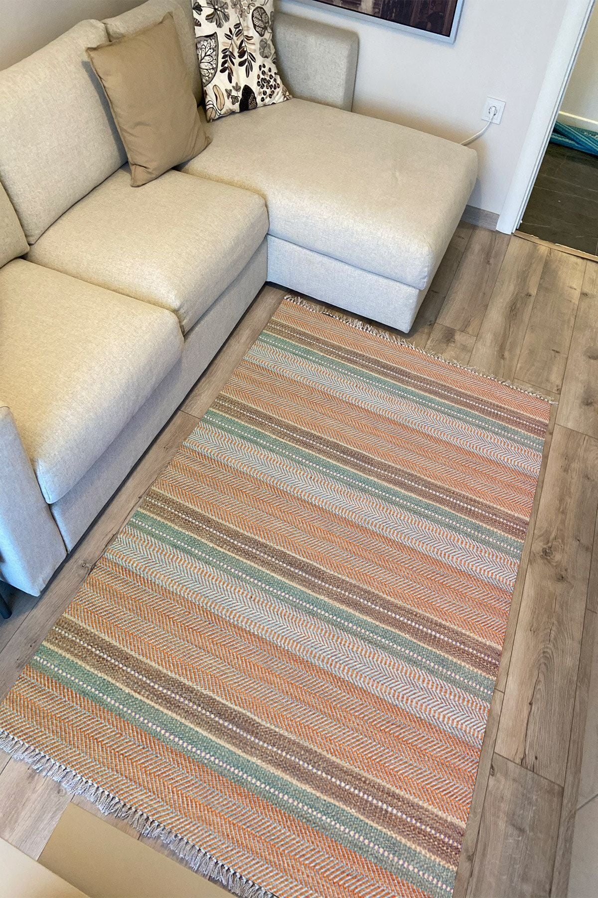 Cotton Serisi Multy Tonlarında Çizgili Eskitme Etnik Desenli Dekoratif Dokuma Taban Kilim