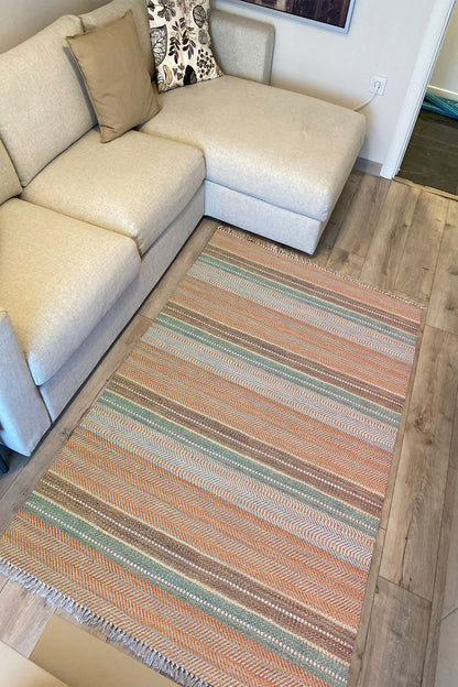 Cotton Serisi Multy Tonlarında Çizgili Eskitme Etnik Desenli Dekoratif Dokuma Taban Kilim