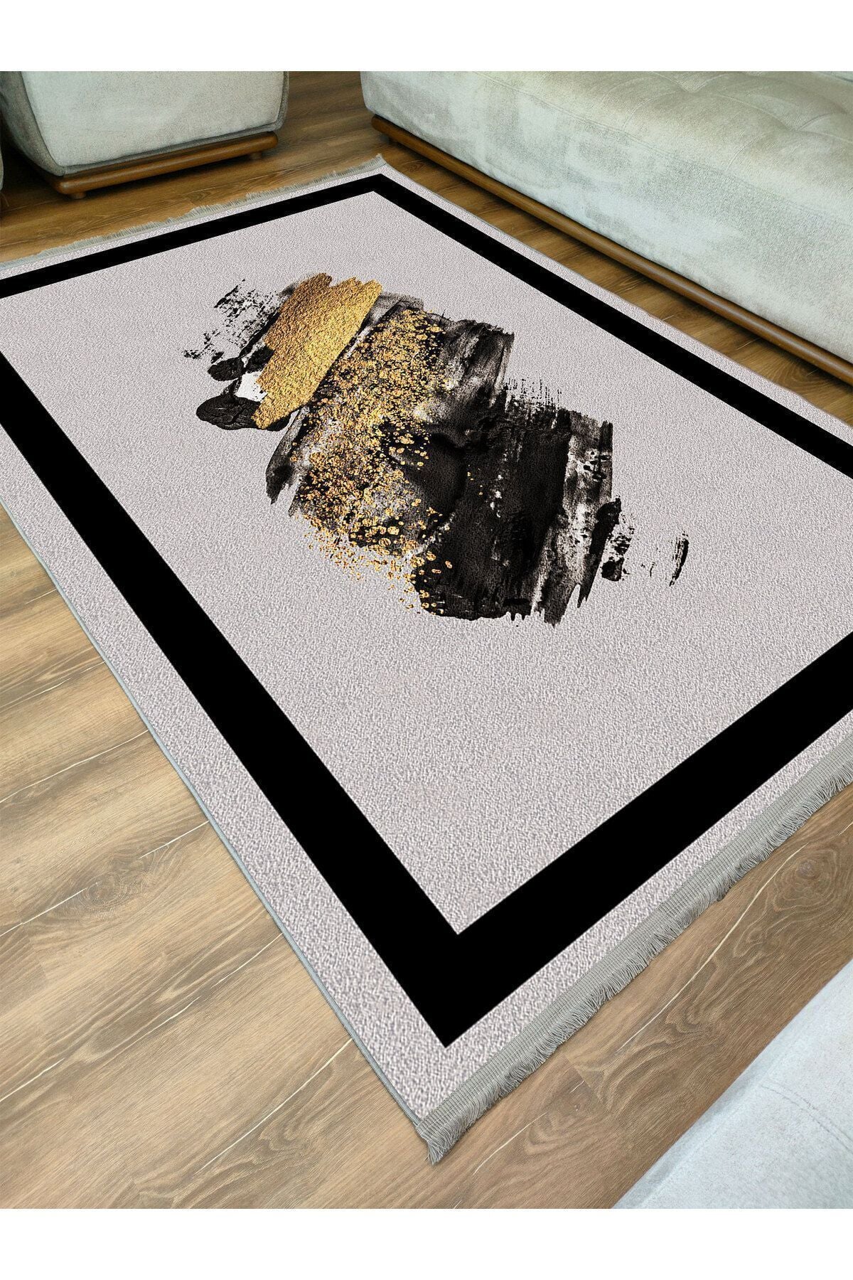 Halı Vagonu 2076 Gri Ve Siyah Tonlarında Fırça Darbeleri Desen Kaymaz Taban Dekoratif Halı