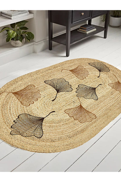 Boho 982 Oval Siyah Yel Motifli Etnik Desenli Jüt Rengi Örgü Yuvarlak Natural Çift Taraflı Halı