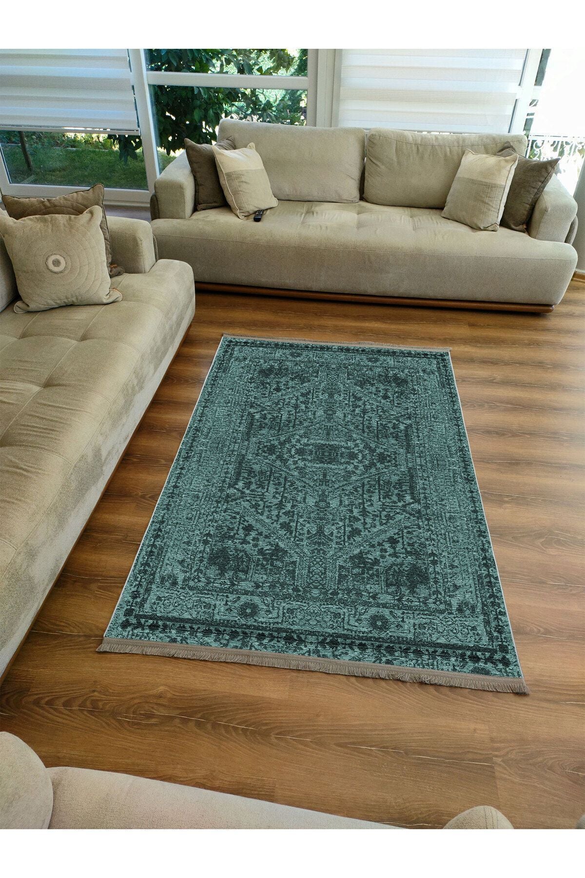 Halı Vagonu Serisi Su Yeşili Etnik Otantik Eskitme Desen Kaymaz Taban Şönil Halı