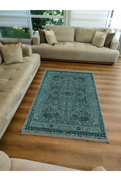 Halı Vagonu Serisi Su Yeşili Etnik Otantik Eskitme Desen Kaymaz Taban Şönil Halı