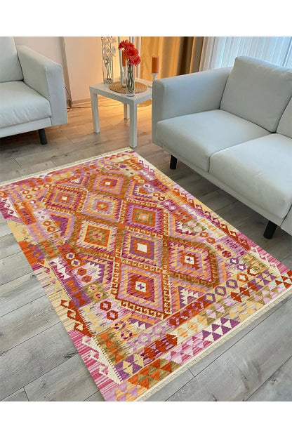 Cotton Serisi Pembe Tonunda Baklavalı Geometrik Desen Dekoratif Dokuma Taban Kilim