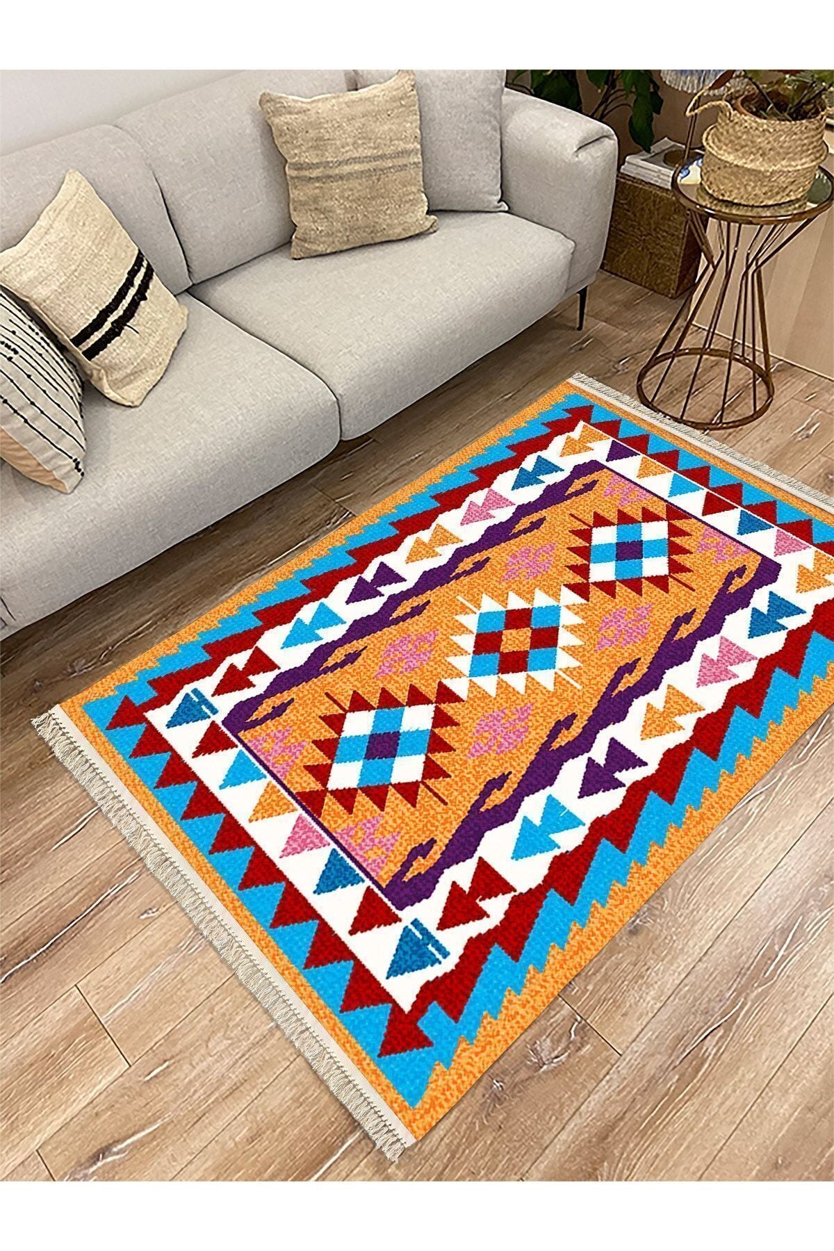 Cotton Serisi Multy Tonlarında Otantik Eskitme Geometrik Desen Dekoratif Dokuma Taban Kilim