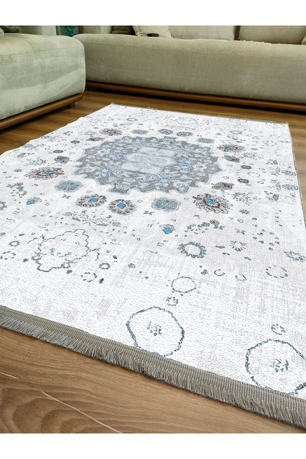 Halı Vagonu Serisi Gri Mavi Etnik Geometrik Desen Kaymaz Taban Şönil Halı