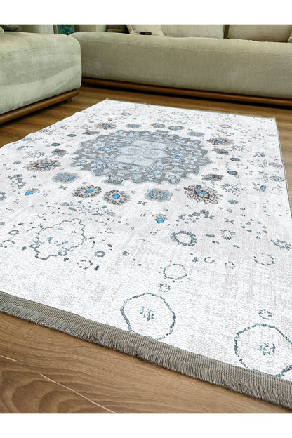 Halı Vagonu Serisi Gri Mavi Etnik Geometrik Desen Kaymaz Taban Şönil Halı