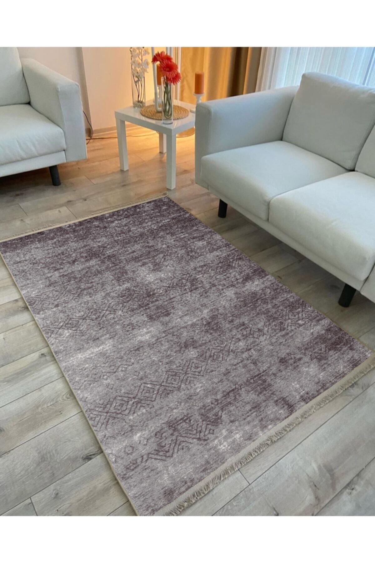 Halı Vagonu 2020 Gri Ve Siyah Tonunda Etnik Desenli Kaymaz Taban Dekoratif Halı