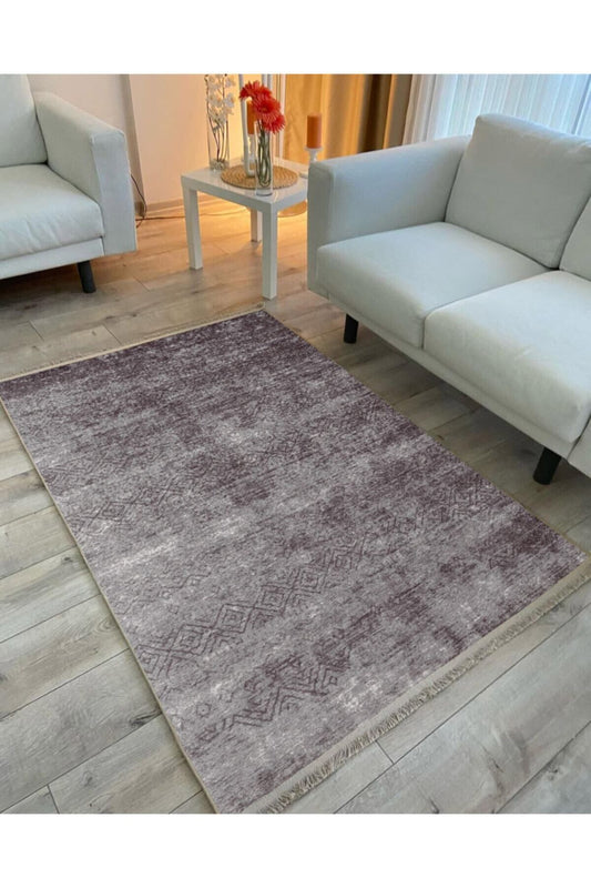 Halı Vagonu 2020 Gri Ve Siyah Tonunda Etnik Desenli Kaymaz Taban Dekoratif Halı