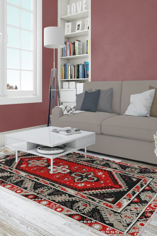 Halı Vagonu Serisi Siyah Tonlarında Bordürlü Desen Kaymaz Taban Şönil Halı