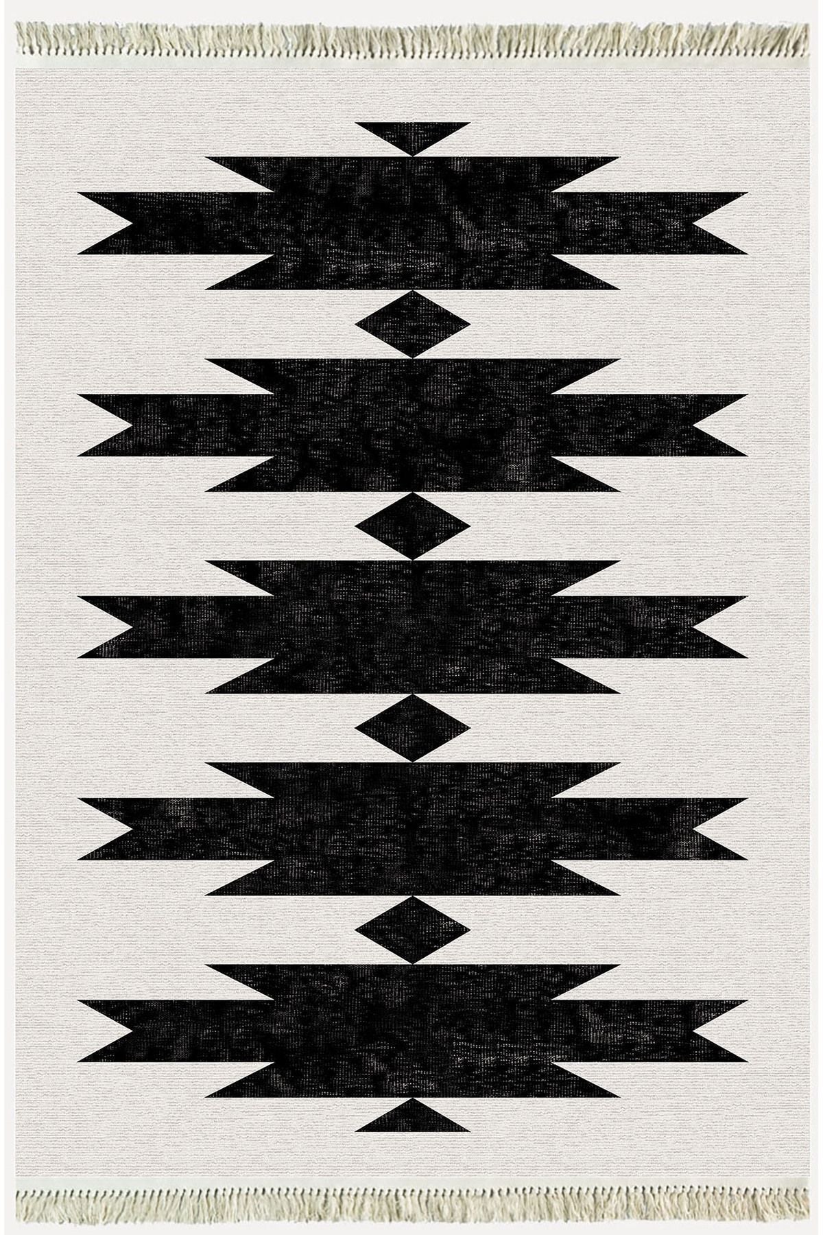 Cotton Serisi Açık Gri Ve Siyah Tonunda Geometrik Desen Dekoratif Dokuma Taban Kilim