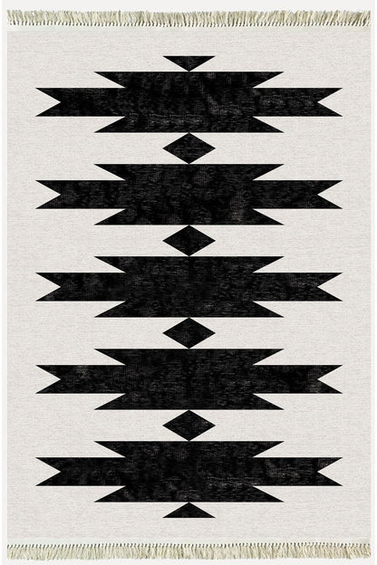 Cotton Serisi Açık Gri Ve Siyah Tonunda Geometrik Desen Dekoratif Dokuma Taban Kilim