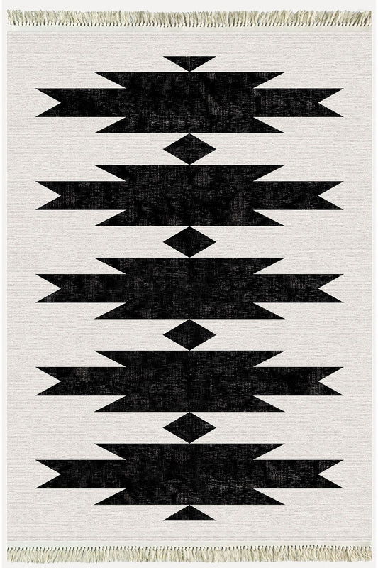 Cotton Serisi Açık Gri Ve Siyah Tonunda Geometrik Desen Dekoratif Dokuma Taban Kilim