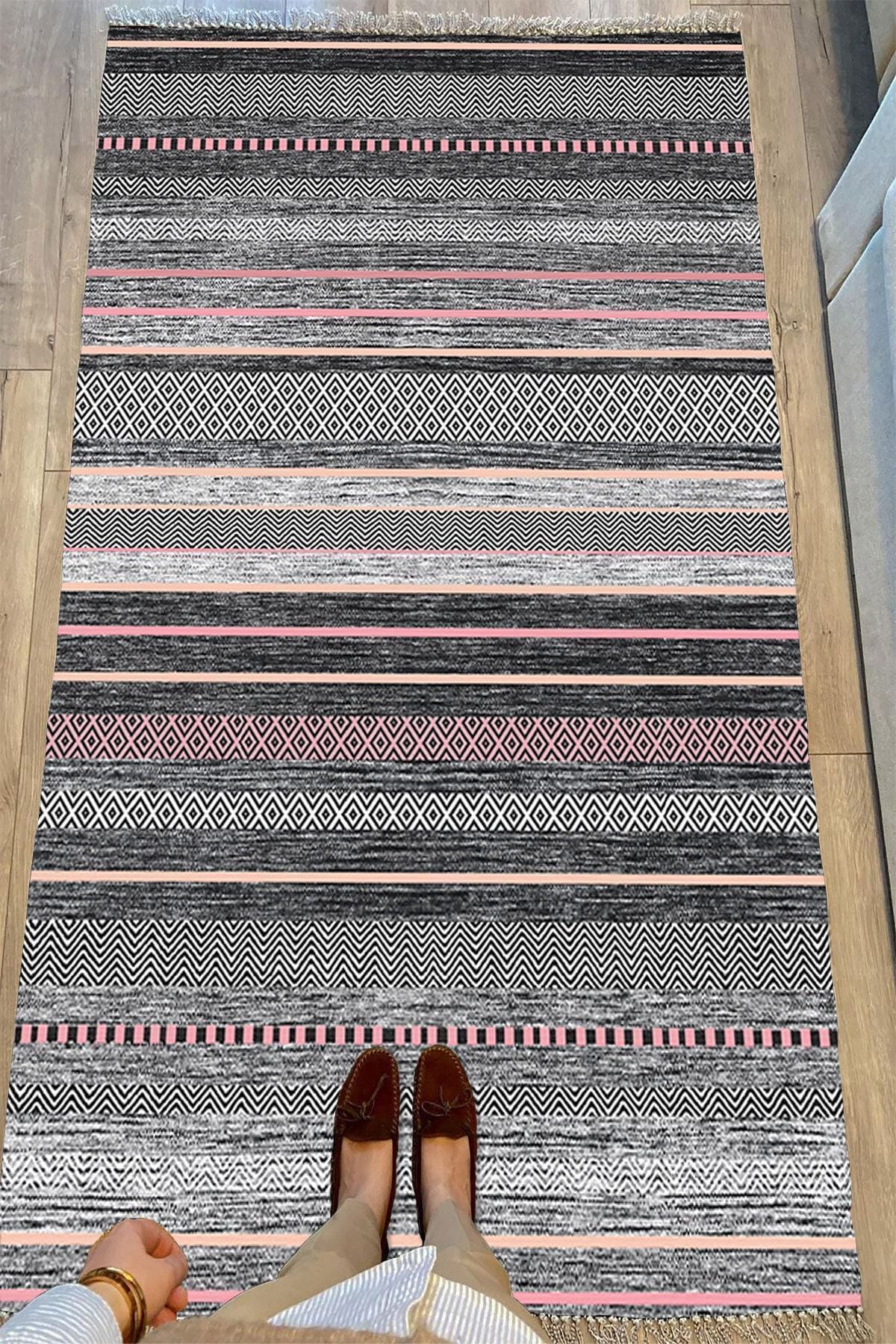 Cotton Serisi Multy Tonlarında Baklava Ve Düz Çizgili Eskitme Desen Dekoratif Dokuma Taban Kilim