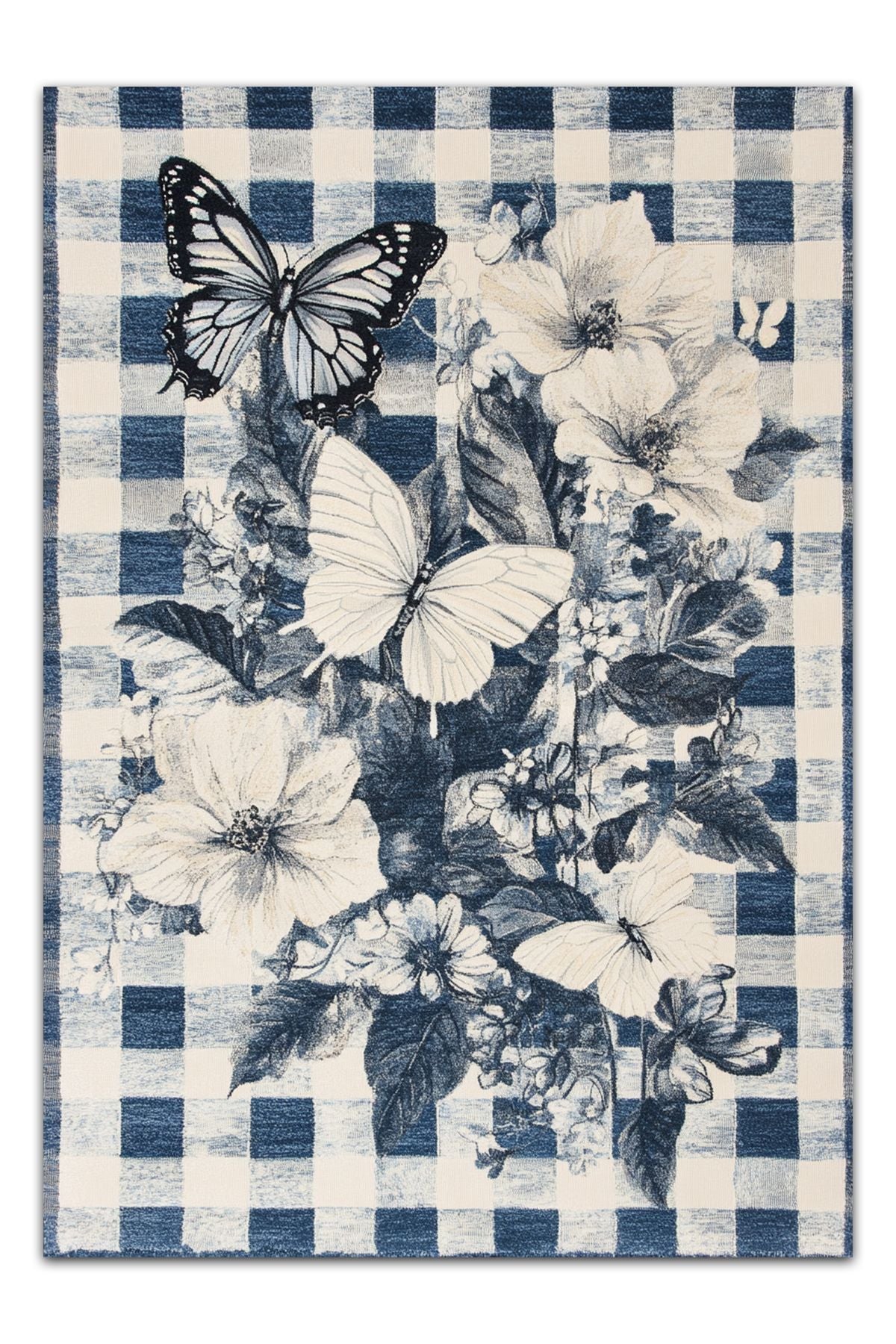 Halı Vagonu 215 Mavi Beyaz Dama Çiçekli Modern Dokuma Taban Dekoratif Halı