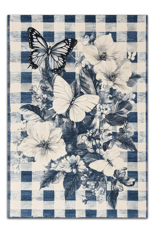 Halı Vagonu 215 Mavi Beyaz Dama Çiçekli Modern Dokuma Taban Dekoratif Halı