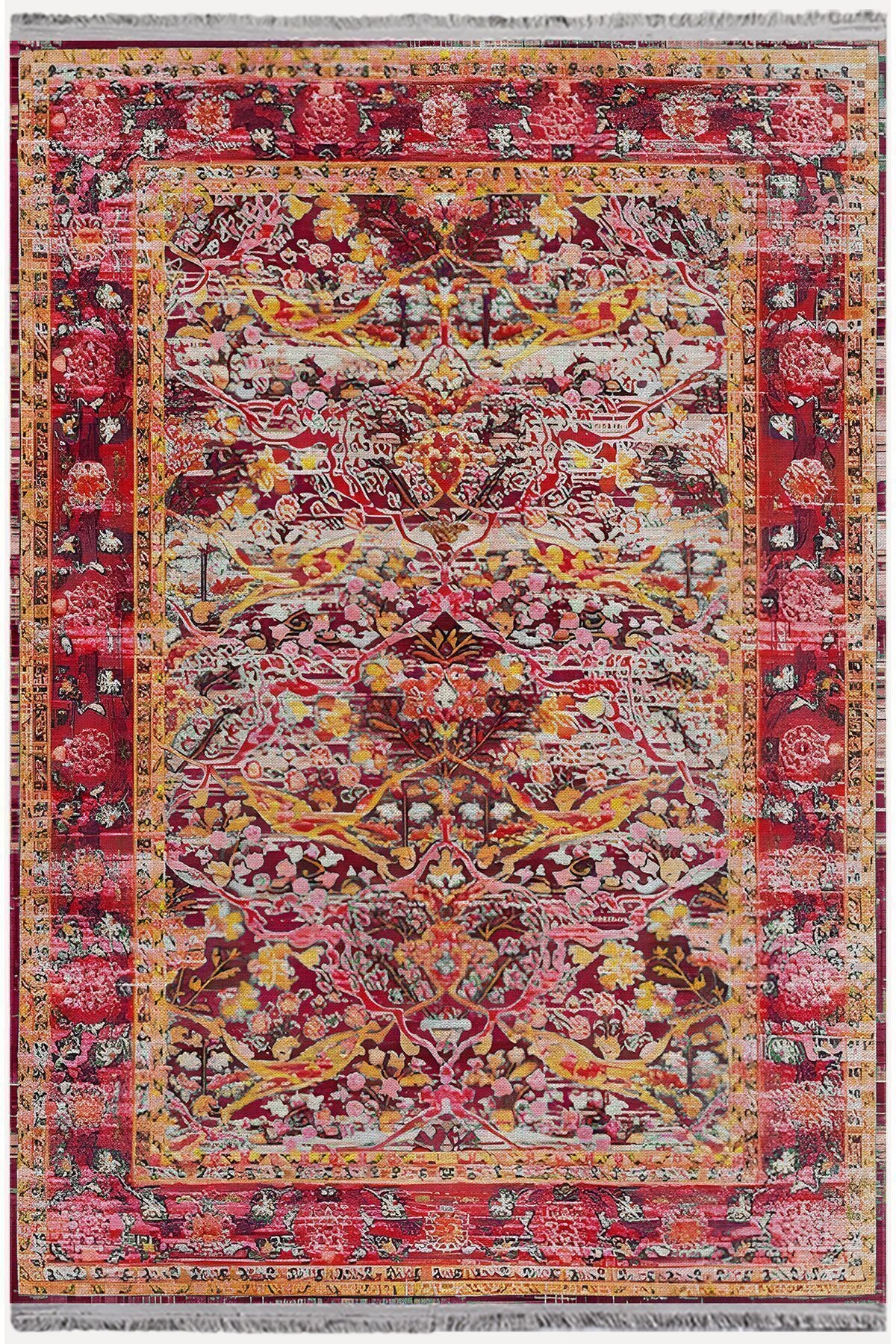 Halı Vagonu 93 Fuşya Tonlarında Klasık Dekoratif Kilim Salon Halısı Saçaklı Yıkanabilen Halı