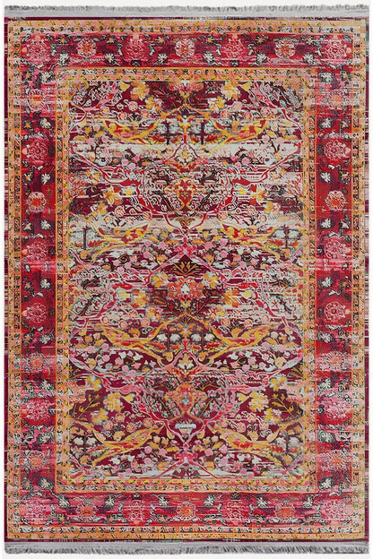 Halı Vagonu 93 Fuşya Tonlarında Klasık Dekoratif Kilim Salon Halısı Saçaklı Yıkanabilen Halı