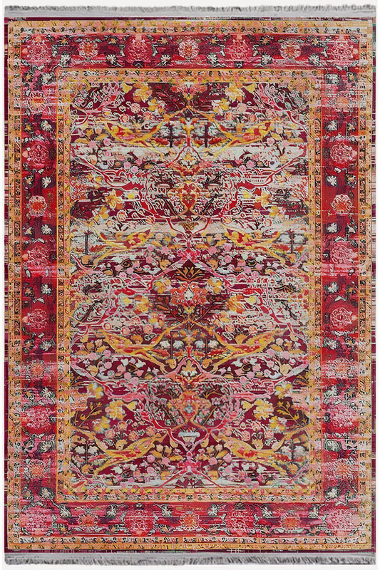 Halı Vagonu 93 Fuşya Tonlarında Klasık Dekoratif Kilim Salon Halısı Saçaklı Yıkanabilen Halı