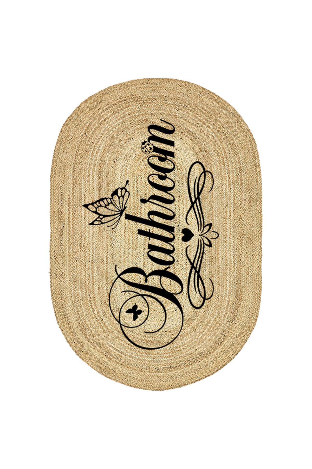 Boho 955 Oval Bathroom Yazılı Desenli Yuvarlak Jüt Örme Doğal Hasır Kilim Daire Halı